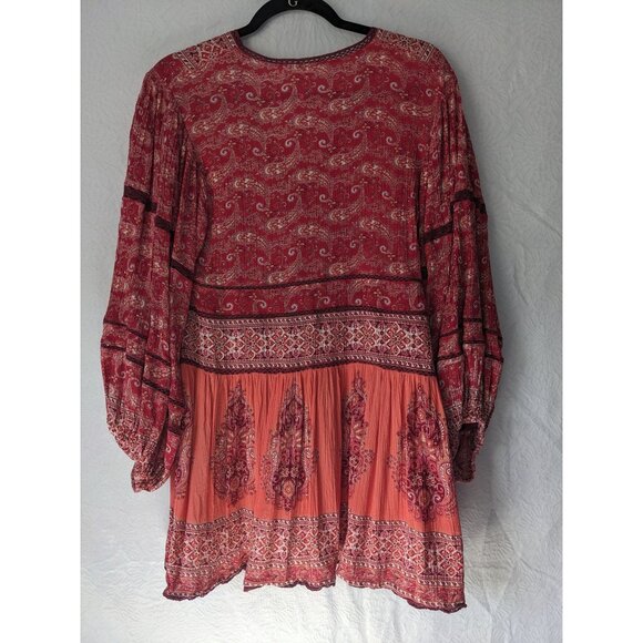 FREE PEOPLE Luna Scarf Print V-neck Tunic Boho Top Mini Dress Flowy Red Size S - Picture 13 of 13